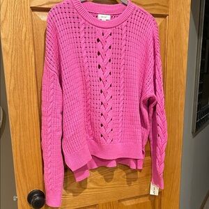 ON 34th fuscia pink crew neck open weave womens large sweater NWT